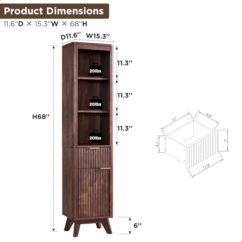 RedLemon 68 Narrow Bathroom Storage Cabinet with Adjustable Shelf and Drawer, Walnut