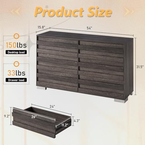 Rustic 6-Drawer Dresser with Slat Handles, Quick Install, 54" Grey TV Stand