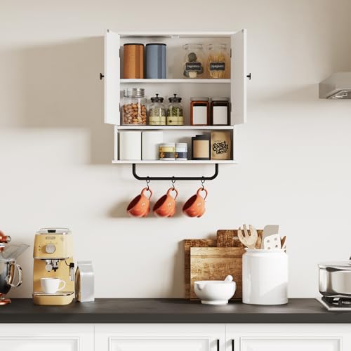 White Wall-Mounted Bathroom Cabinet with Towel Bar & Adjustable Shelf