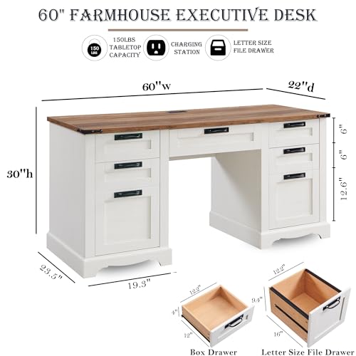 RedLemon 60" Antique White Rustic Wood Desk with Charging Station & Storage