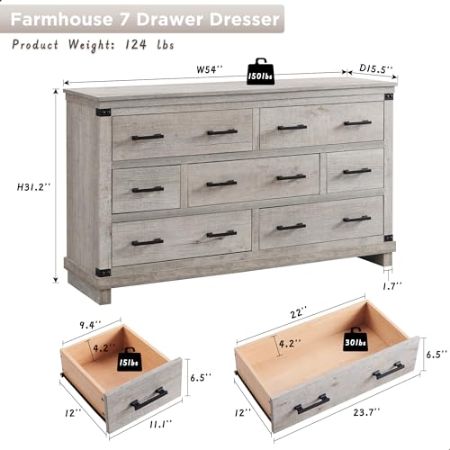 Rustic Oak 7-Drawer Farmhouse Dresser for Bedroom and Living Room
