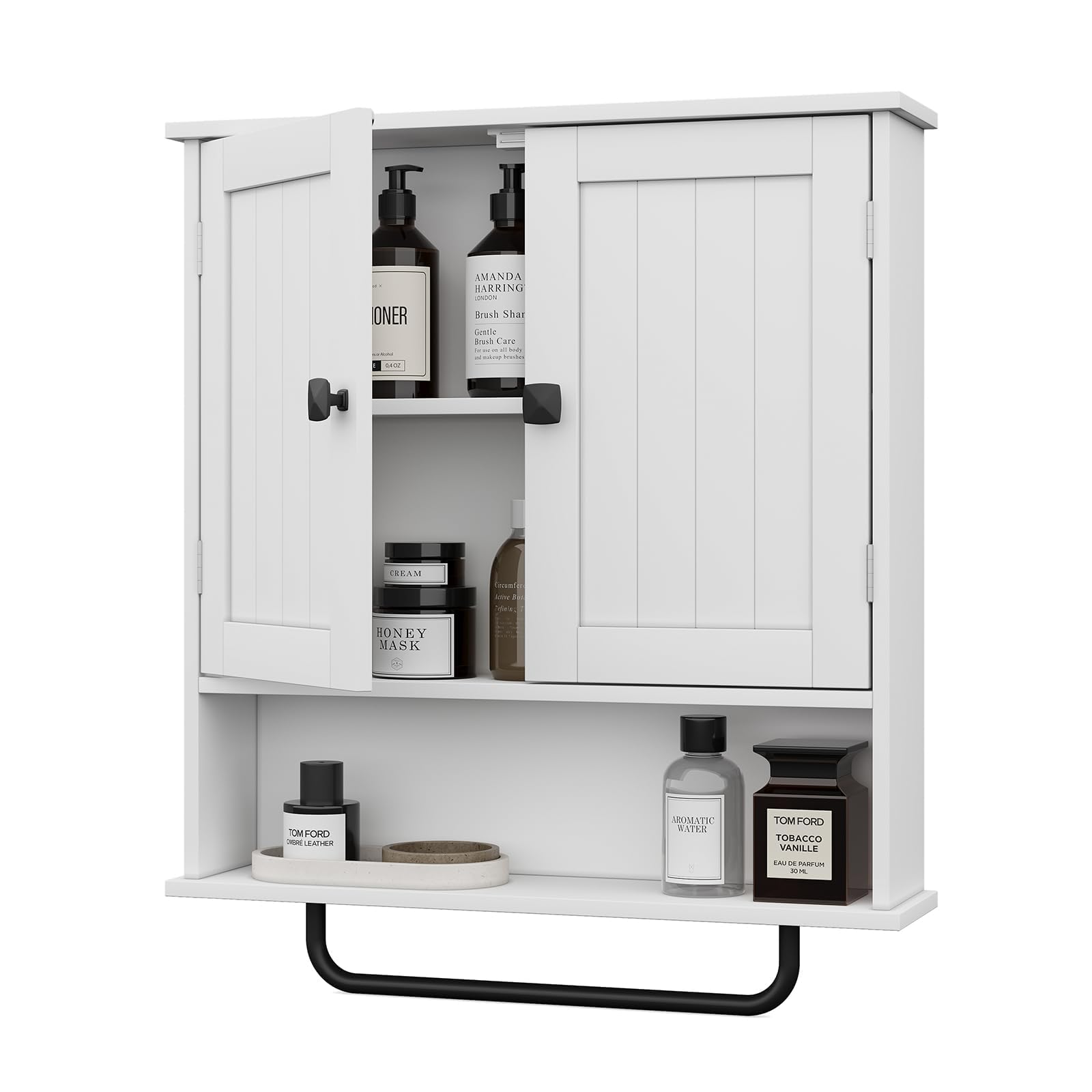 White Wall-Mounted Bathroom Cabinet with Towel Bar & Adjustable Shelf