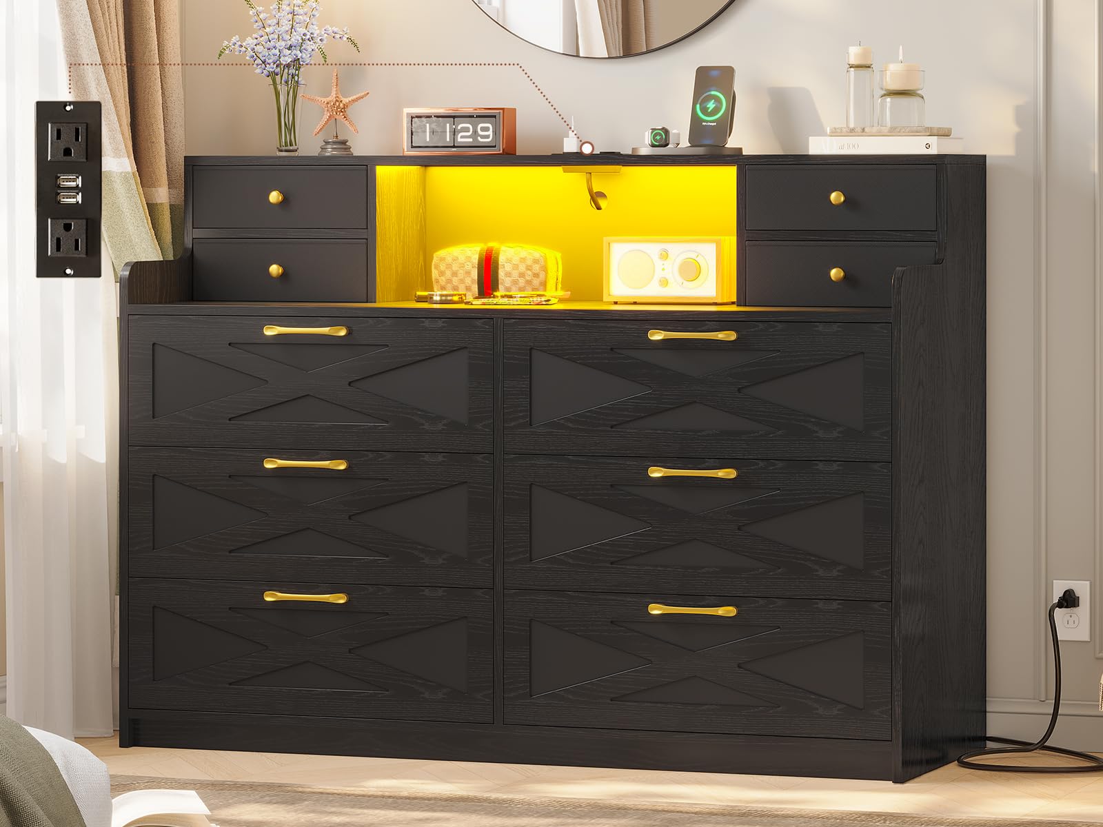 Farmhouse 6-Drawer Dresser with LED Lights and Charging Station - Large Bedroom Organizer with Mobile Fabric Drawers