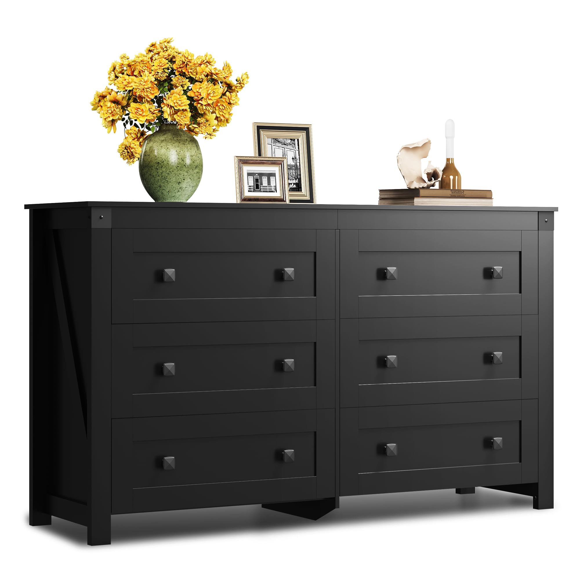 Rustic Handle 6-Drawer Black Dresser, 53.07" Wide TV Stand for Large TVs
