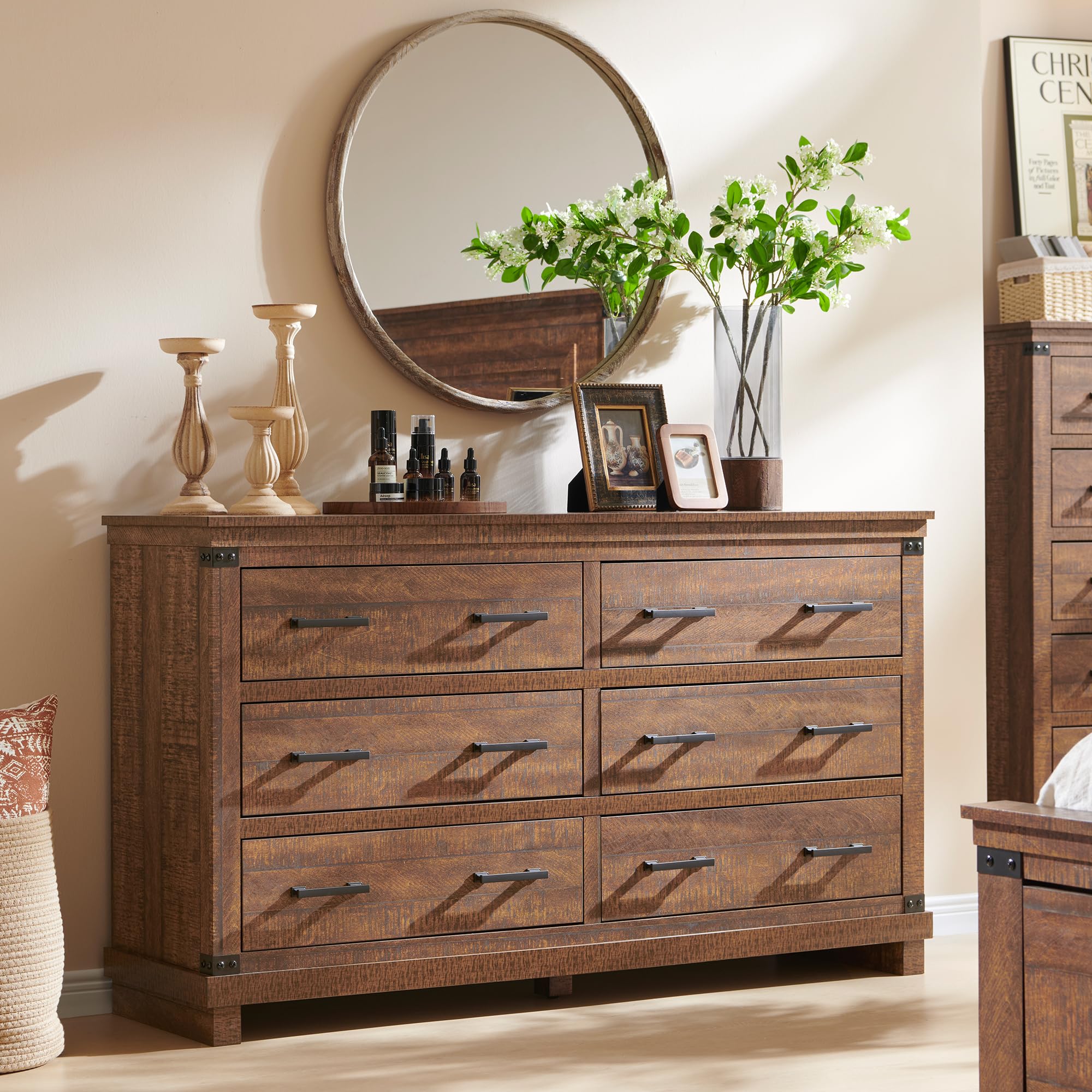 Rustic Wood Dresser with 6 Drawers for Bedroom and Living Room