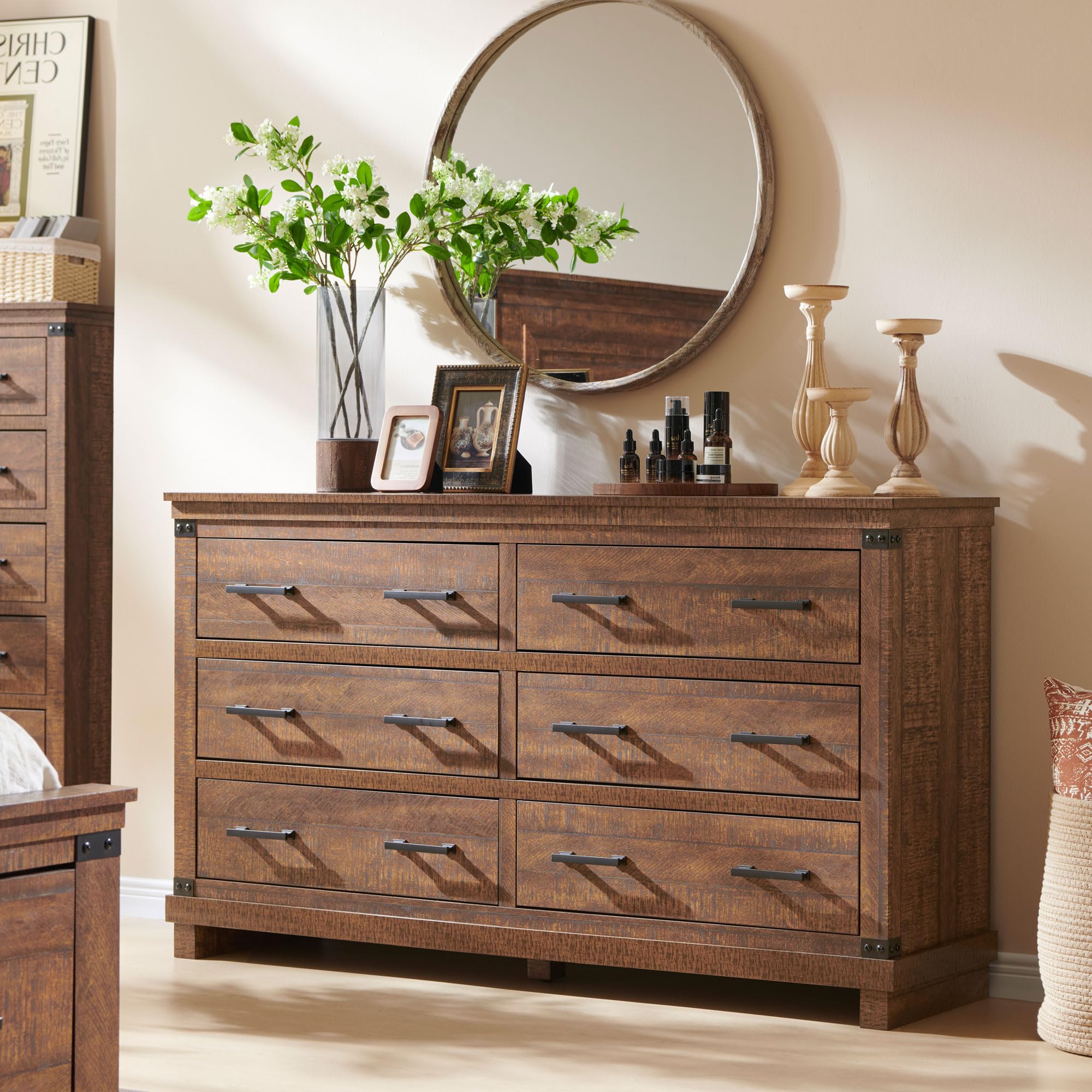 T4TREAM 6-Drawer Rustic Dresser - 54 Wood Chest with Natural Texture & Metal Handles for Bedroom, Living Room, and Hallway