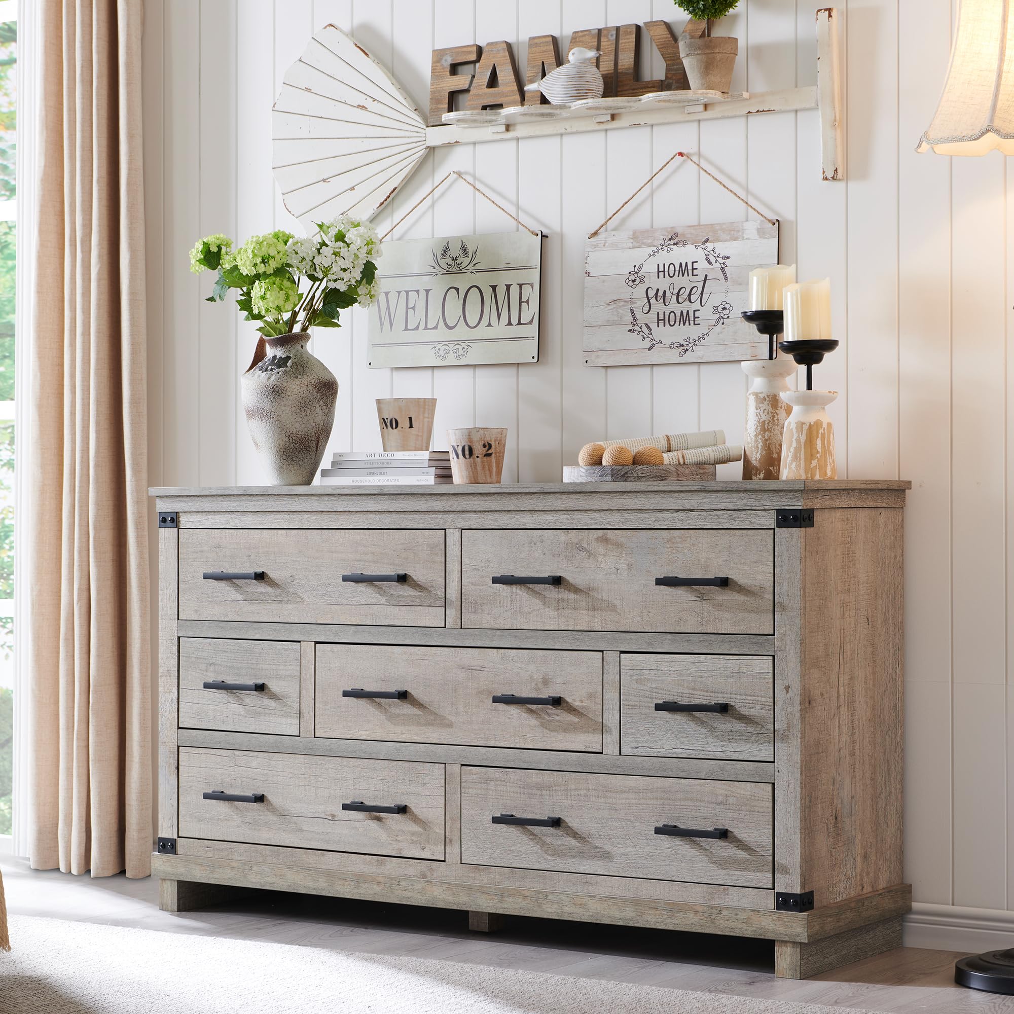Rustic Oak 7-Drawer Farmhouse Dresser for Bedroom and Living Room