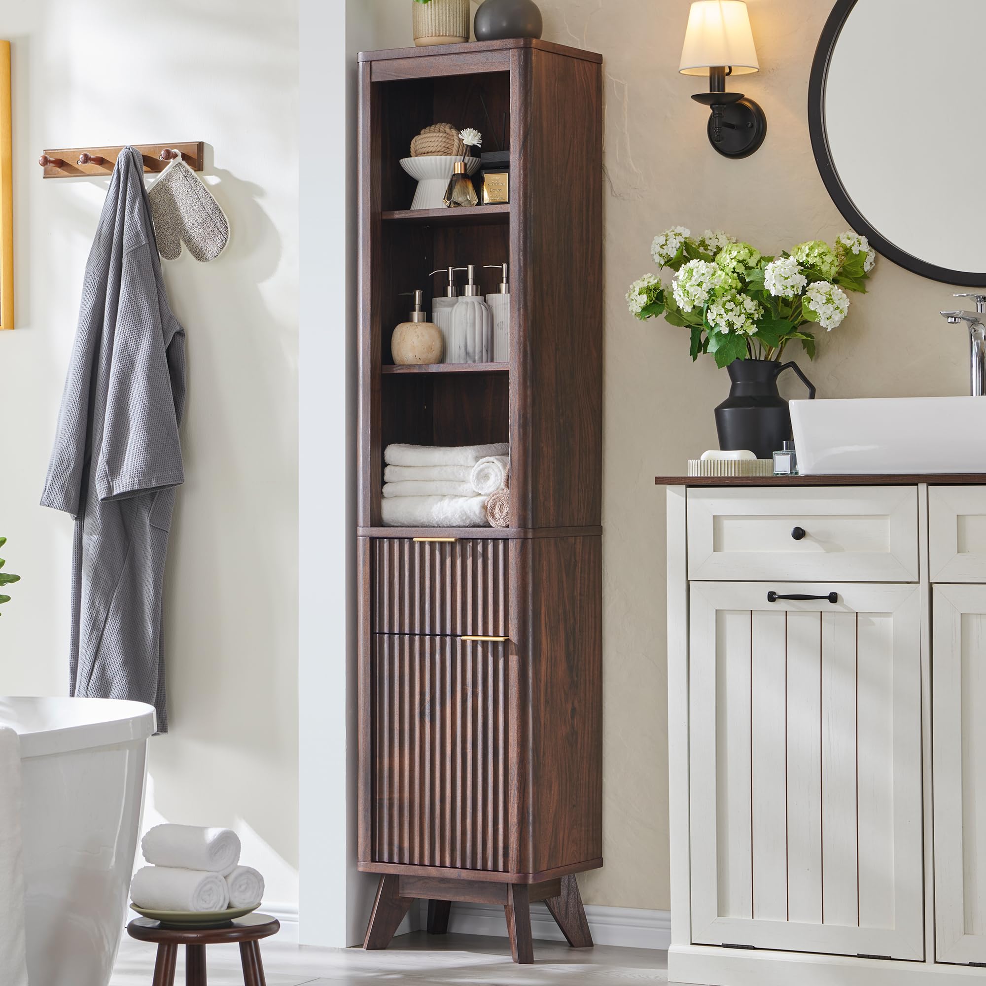 RedLemon 68 Narrow Bathroom Storage Cabinet with Adjustable Shelf and Drawer, Walnut