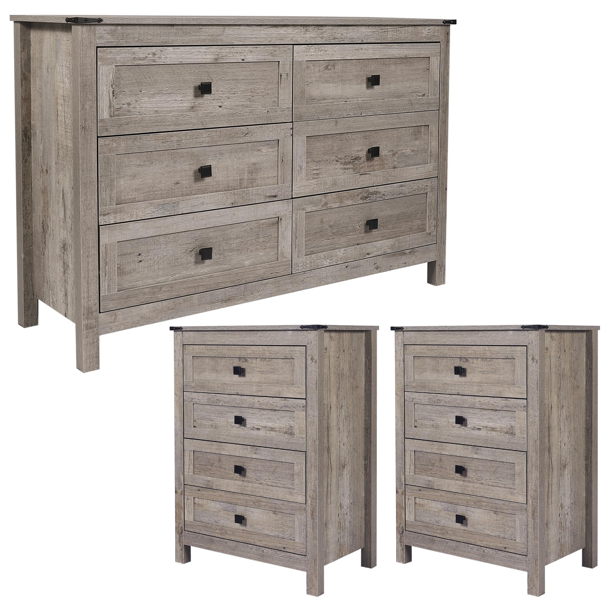 Rustic Gray 6-Drawer and 2-Piece 4-Drawer Dresser Set for Bedroom and Living Room