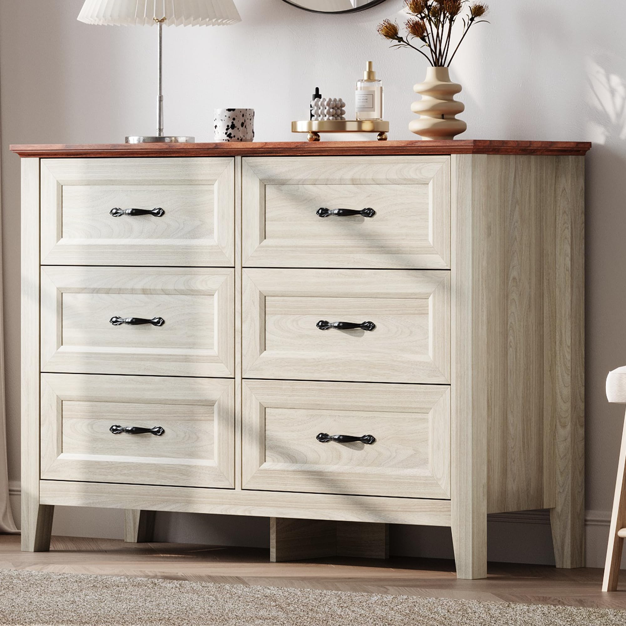 White Wood Farmhouse Dresser with 6 Drawers