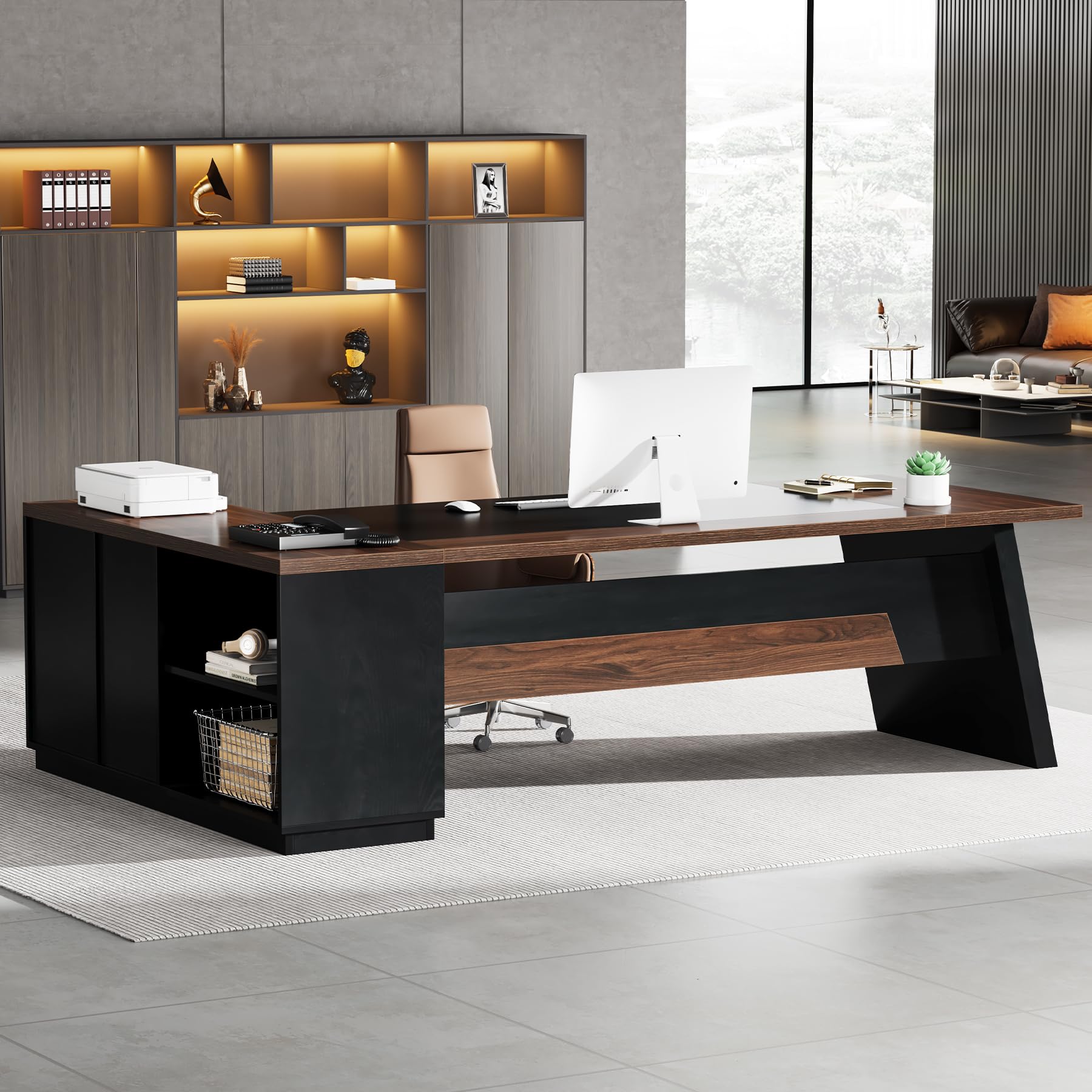 Modern L-Shaped Executive Desk with Storage for Home Office