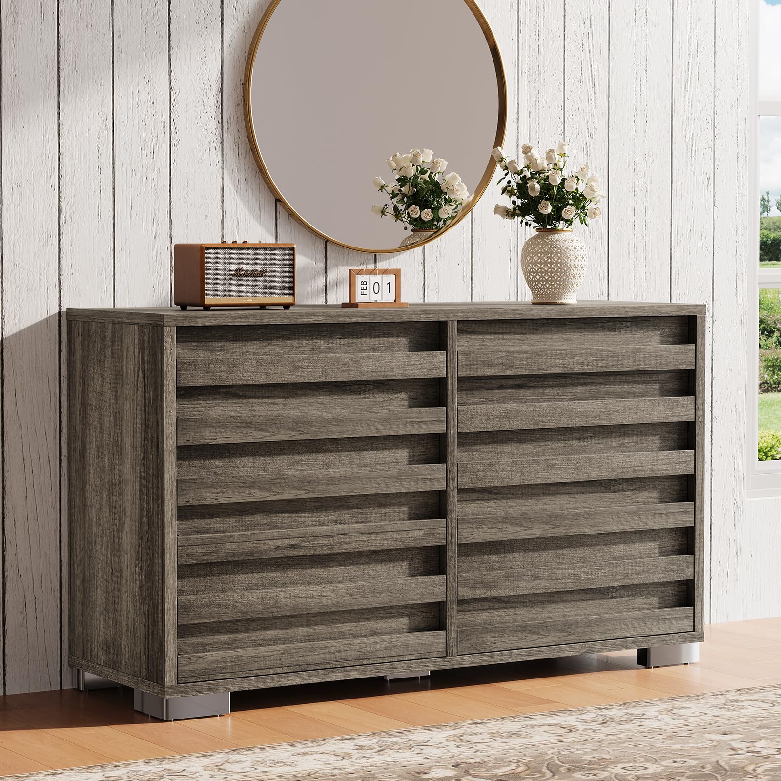 Rustic 6-Drawer Dresser with Slat Handles, Quick Install, 54" Grey TV Stand